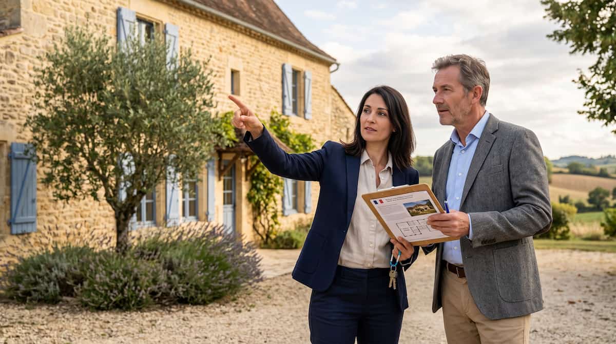 Bilingual estate agent helping an English-speaking buyer view a French property