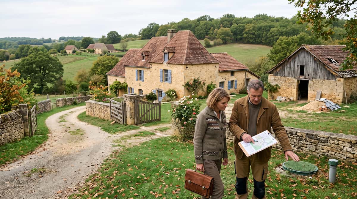 Rural stone property and rolling green landscape in the Dordogne countryside