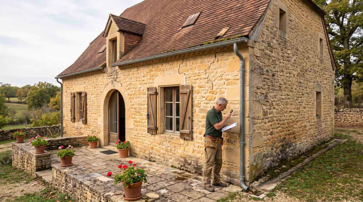 Traditional Dordogne stone wall and Périgourdine tiled roof showing historic masonry detail