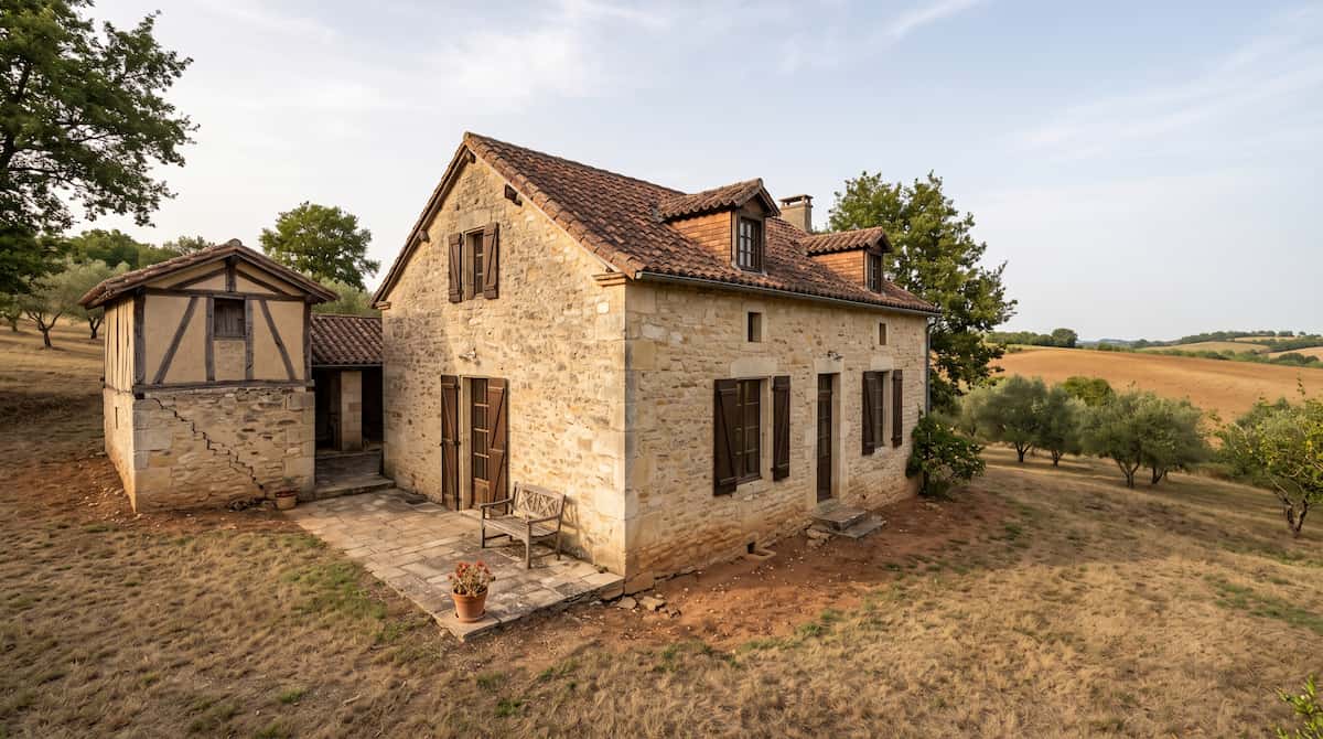 Historic bastide square and half-timbered stone buildings in Lot-et-Garonne, Southwest France