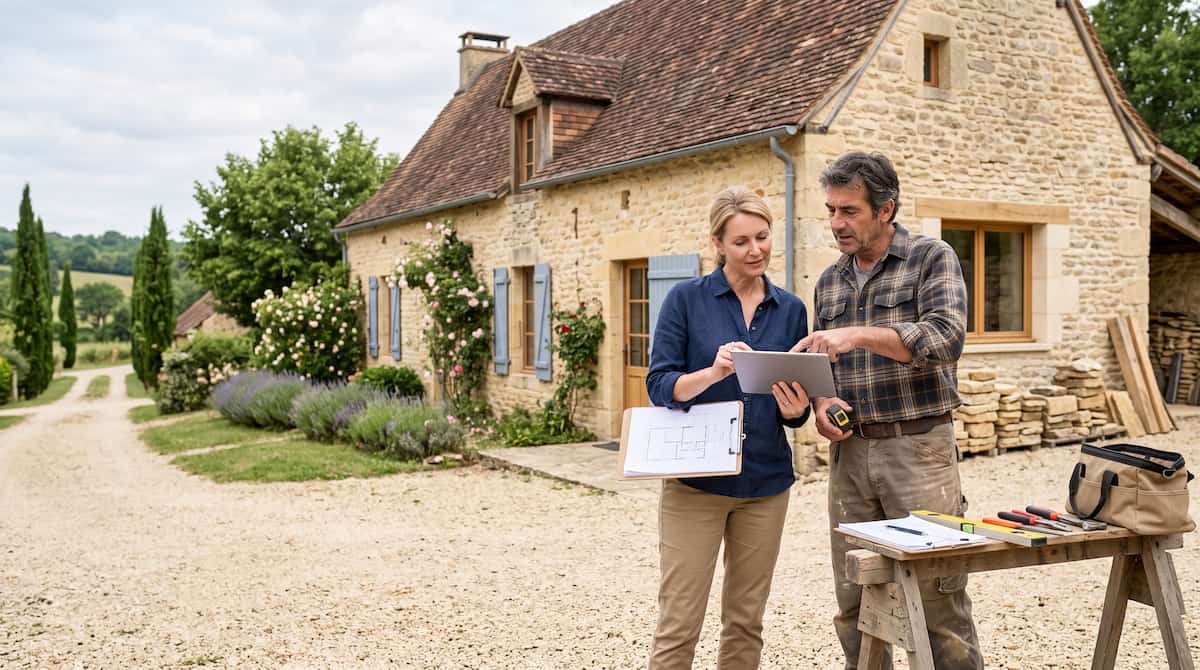 English-speaking homeowner discussing a renovation project with a French artisan in Southwest France