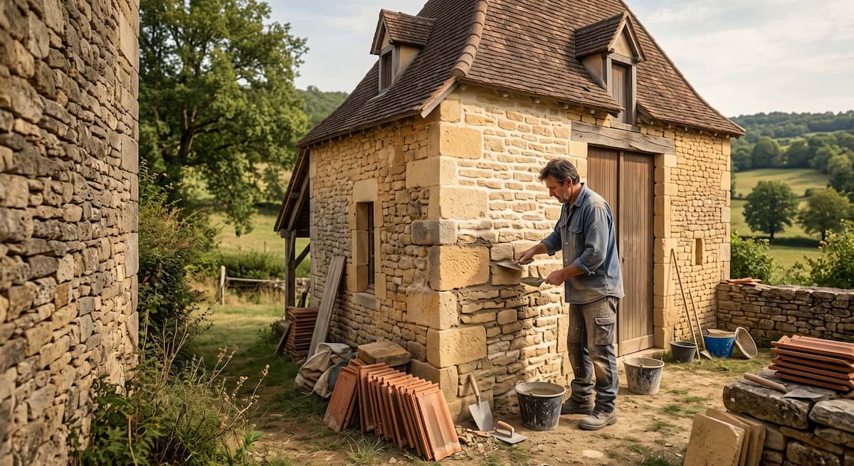 Traditional stone farmhouse in Dordogne being renovated using lime mortar and traditional building techniques