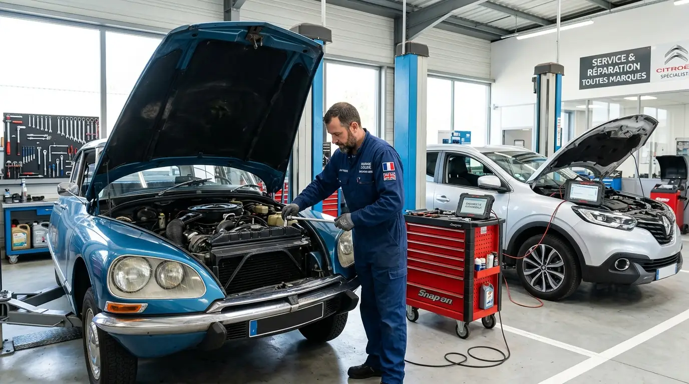 Bilingual auto mechanic servicing vehicles in modern garage workshop