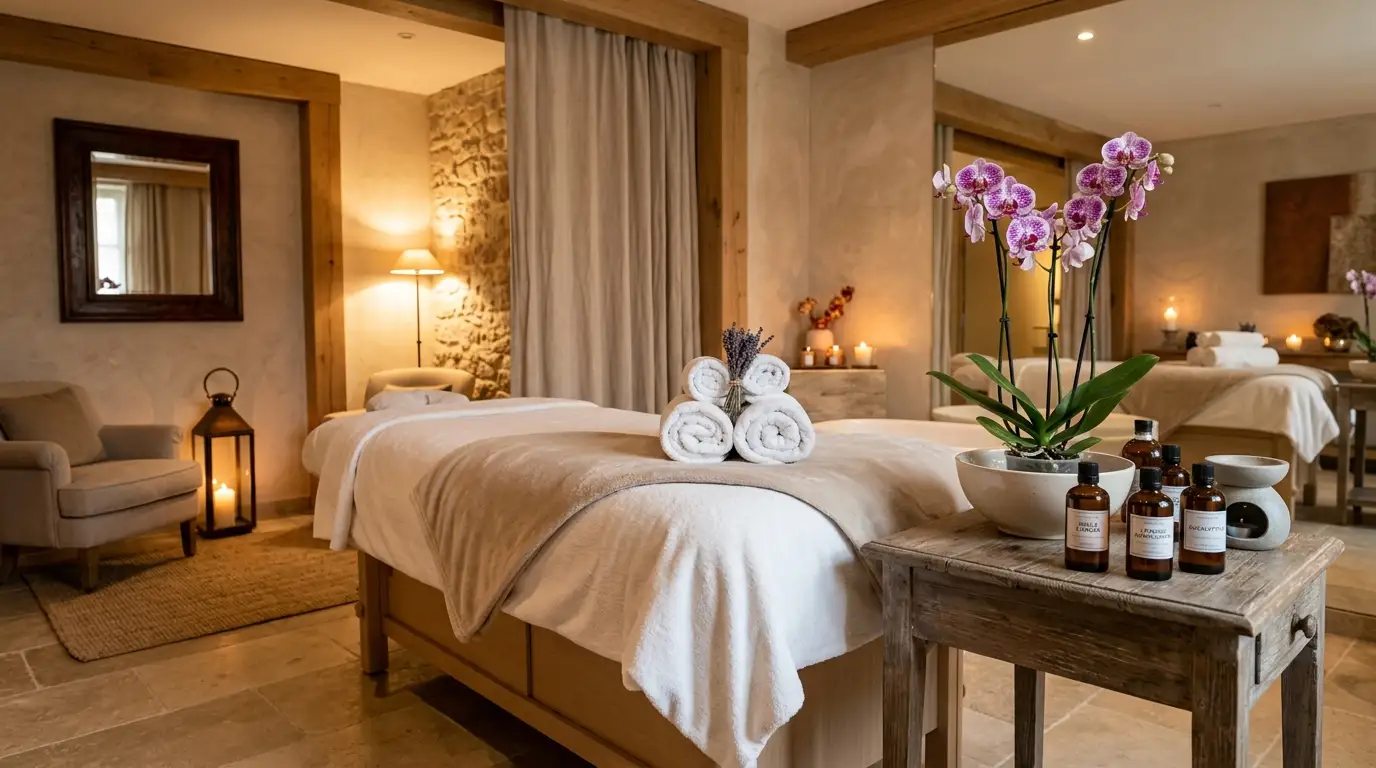 Serene luxury wellness spa treatment room with massage table and lavender