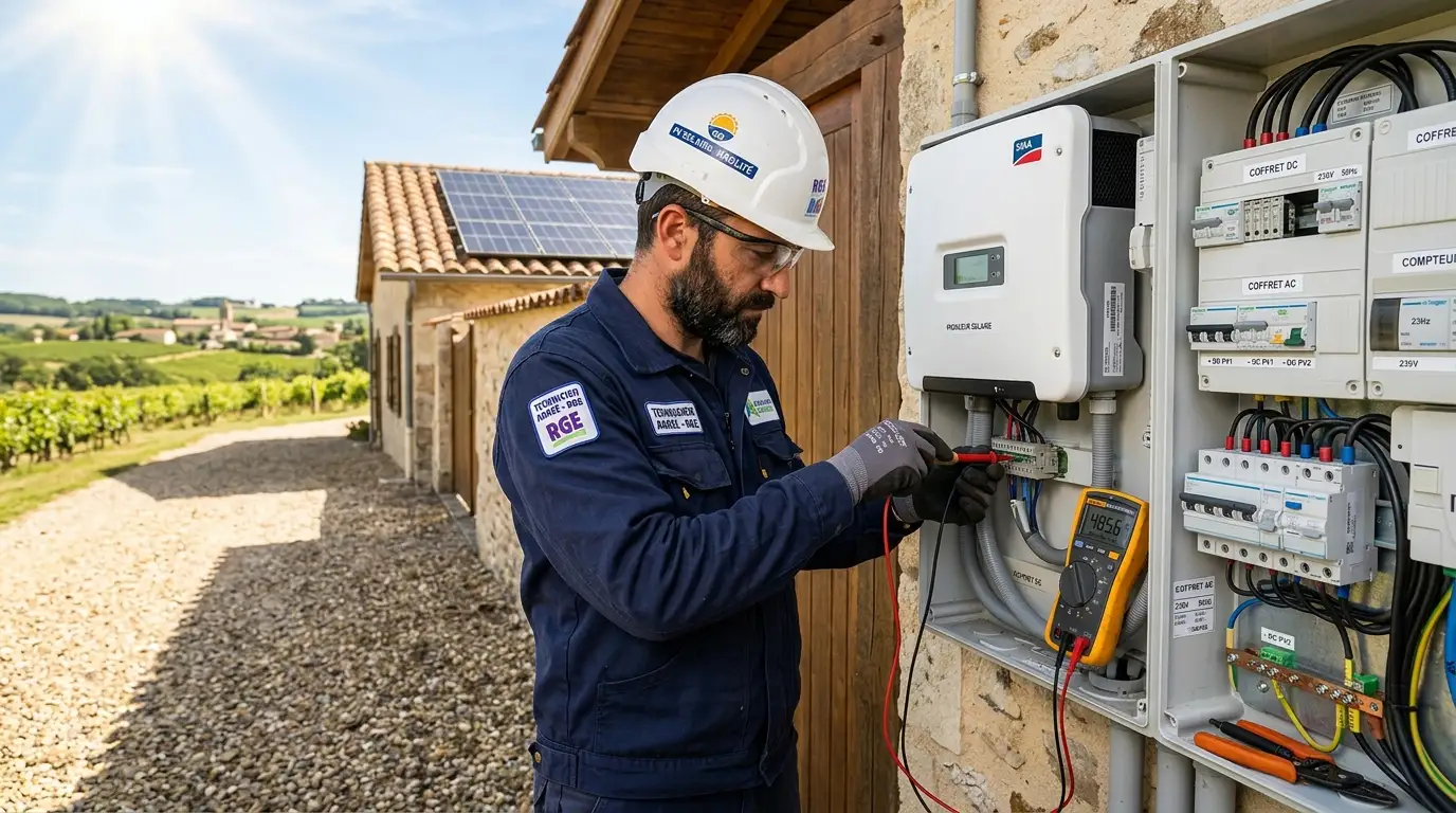 Electrician and solar specialist installing solar inverter and panel board