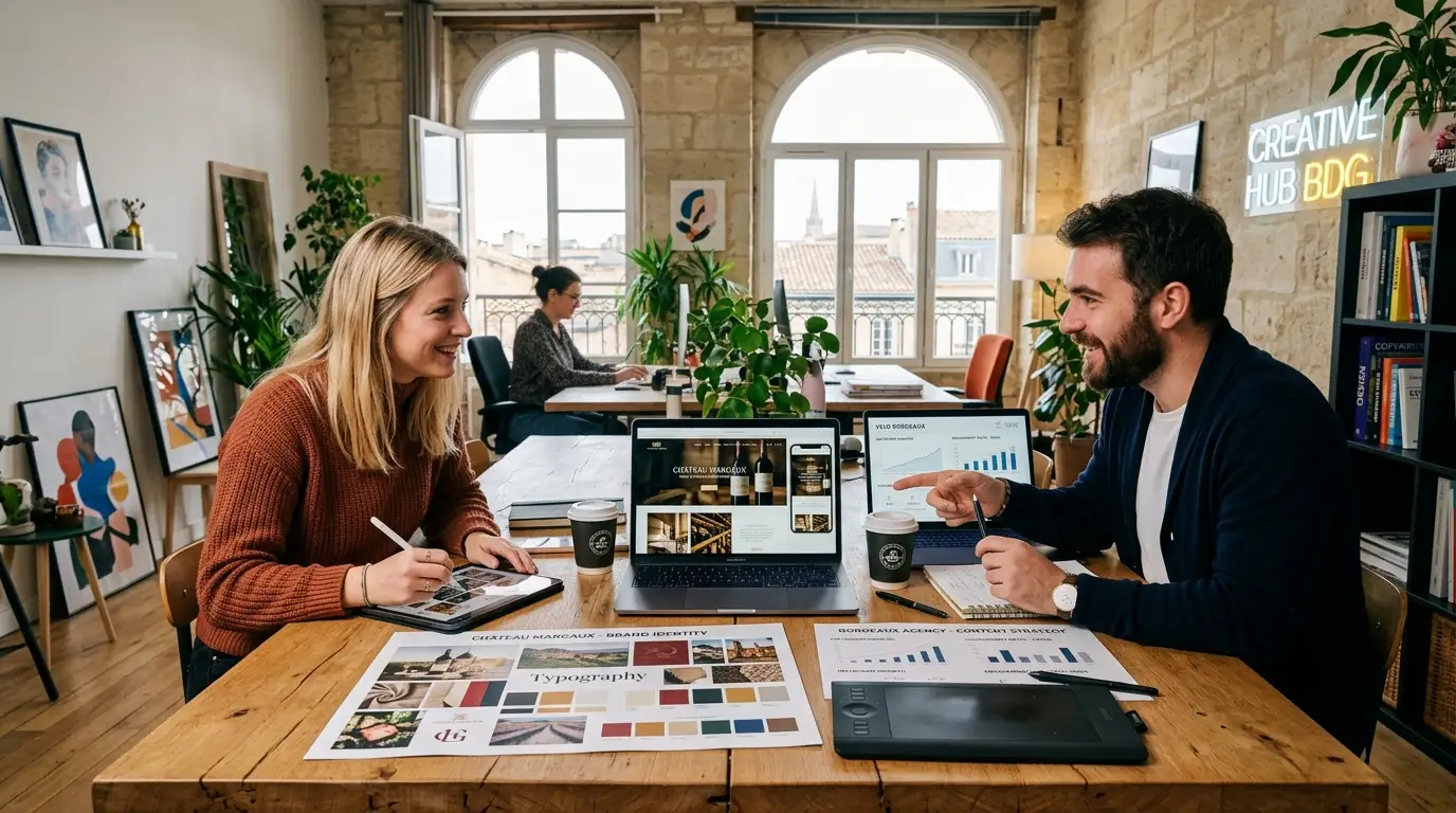Creative agency team collaborating on website design and branding strategy