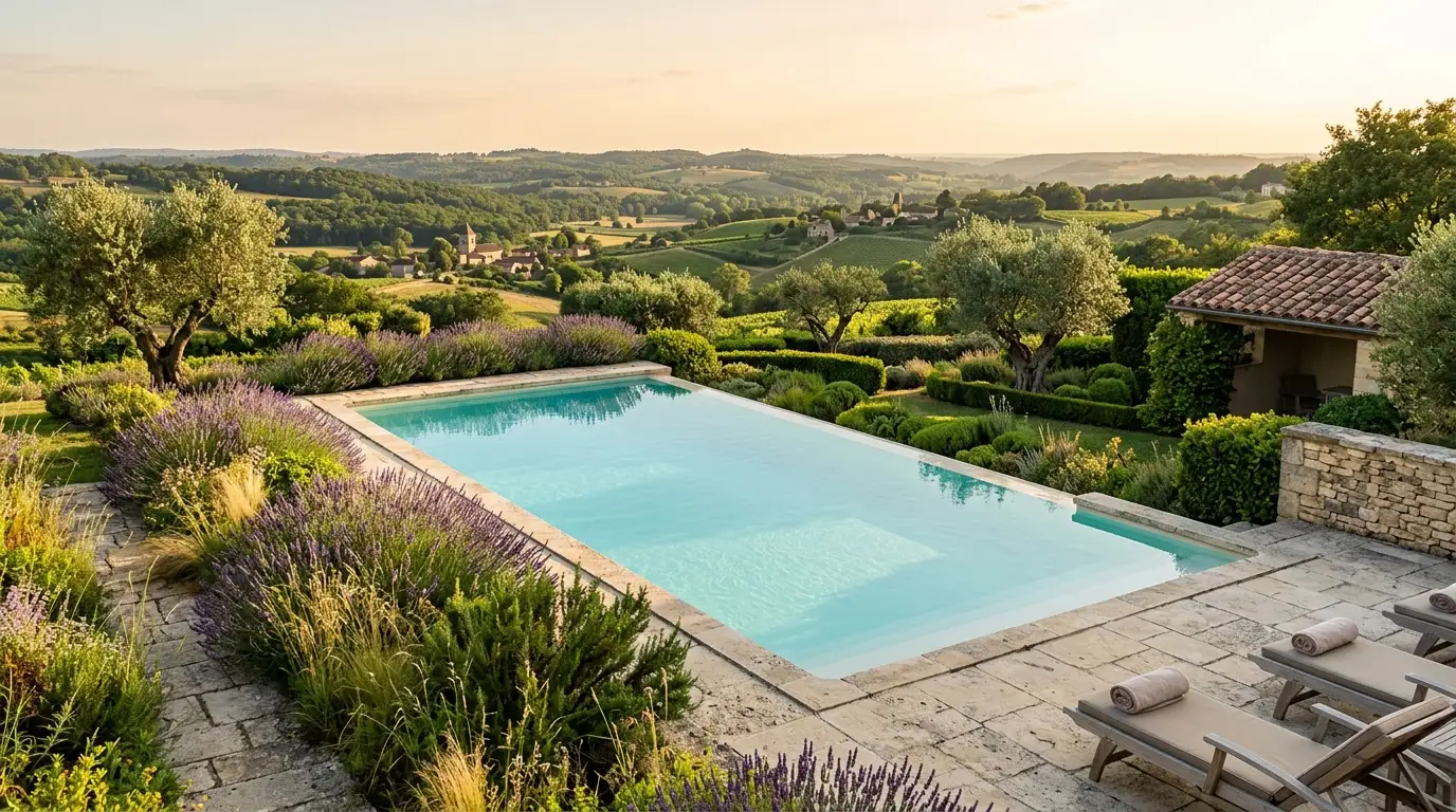 Pristine swimming pool and lavender garden overlooking Southwest France countryside